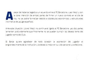 El comunicado con el que Barcelona anunció la salida de Lionel Messi.