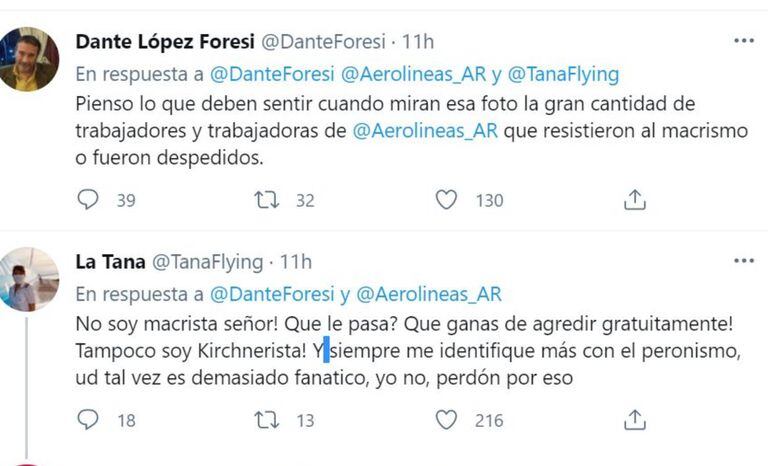 La respuesta de la piloto Fernanda "la Tana" Coronel al periodista Dante López Foresi