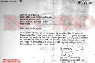 La carta que Neil Armstrong le envió a Independiente, en agradecimiento por los banderines y las camisetas que le habían regalado a los tripulantes del Apolo 11