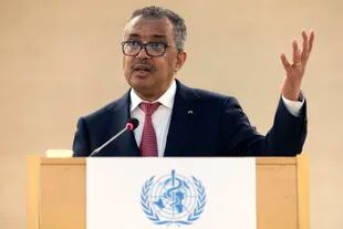 FILE - World Health Organization (WHO) Director-General Tedros Adhanom Ghebreyesus delivers his speech after his re-election during the 75th World Health Assembly at the United Nations European headquarters on May 24, 2022 in Geneva, in Swiss.  Days after the UN's world health agency declared the growing outbreak a global emergency, the head of the health organization advises men catching monkeypox to consider downsizing their partners sexual.  At a press briefing on Wednesday, WHO Director-General Tedros Adhanom Ghebreyesus said 98% of monkeypox cases detected so far have been in men who are gay, bisexual or have sex with men. .  (Salvatore Di Nolfi/Keystone via AP, file)
