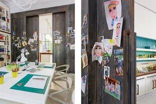 Las puertas corredizas que separan la cocina del escritorio están tapizadas de dibujos y fotos de los chicos de la casa.
