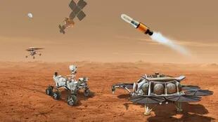 Ilustración que muestra a múltiples robots que se unirían para transportar a la Tierra muestras recolectadas de la superficie de Marte por el rover Perseverance de la NASA