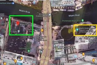 El cuadro verde muestra la ubicación del nuevo hallazgo, de más de 7000 años de antiguedad; mientras que el amarillo es el conocido Círculo de Miami, descubierto en 1998