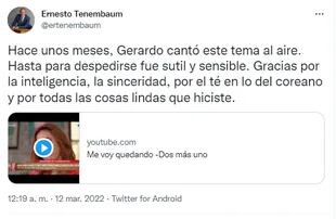 El posteo de Ernesto Tenembaum sobre Gerardo Rozín (Foto: Captura Twitter/@etenembaum)