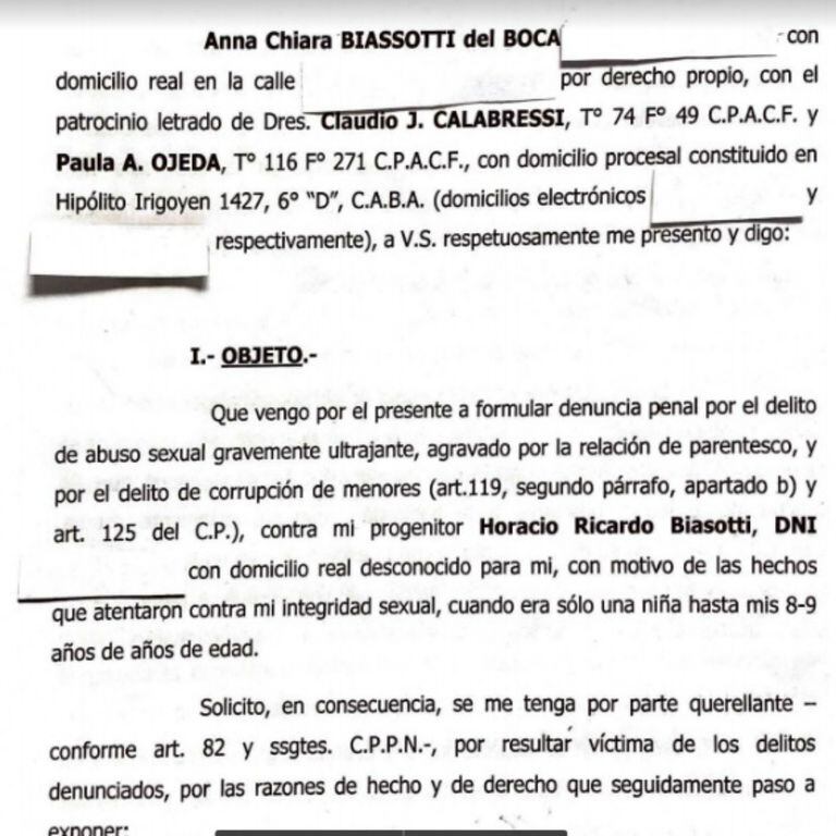 Un extracto de la denuncia por abuso sexual que asentó Anna del Boca a la que accedió LA NACION