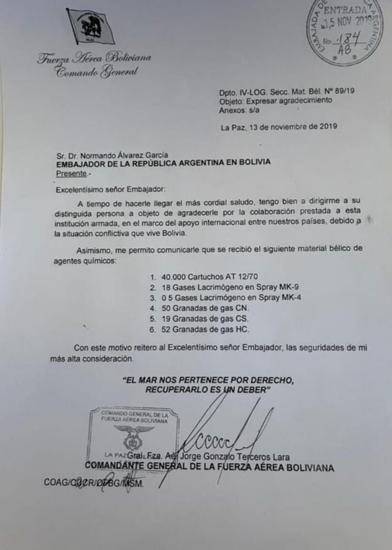 La carta que difundió la cancillería de Bolivia como prueba de sus acusaciones contra Mauricio Macri