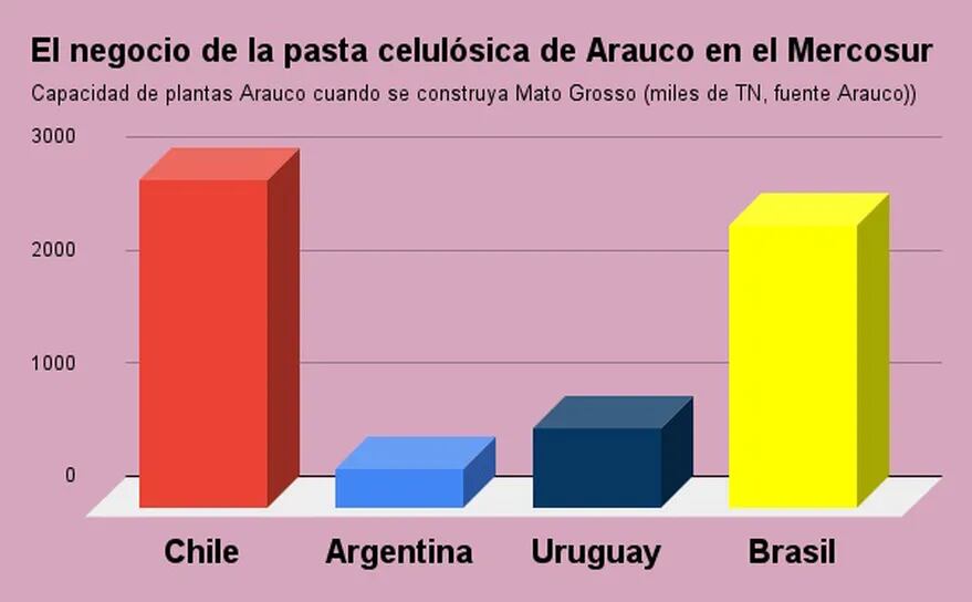El cuadro muestra cuál será la capacidad de las plantas de Arauco en la región una vez que tenga su nueva instalación en Brasil