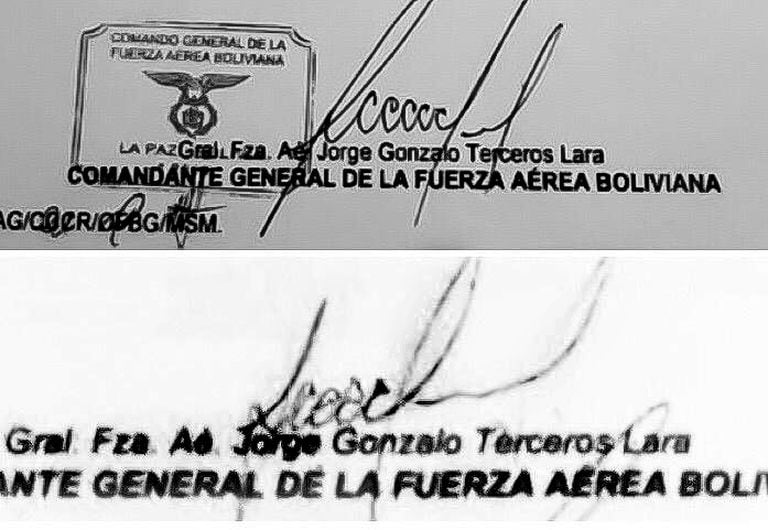 Arriba, la firma de Jorge Gonzalo Terceros en la carta. Abajo, la firma real