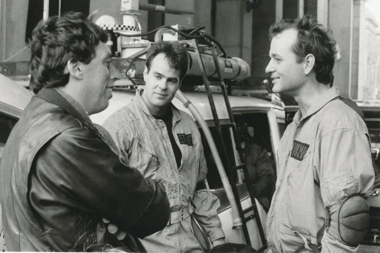 Ivan Reitman, Dan Aykroyd y Bill Murray en el set de Cazafantasmas