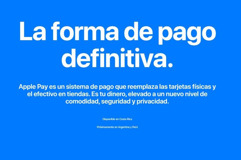 Así se ve el anuncio de la próxima disponibilidad de Apple Pay en la Argentina y Perú en el sitio de la compañía