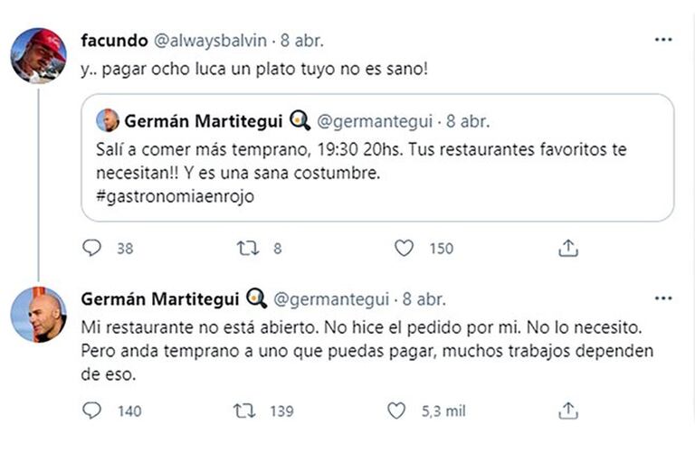 La contundente respuesta de Germán Martitegui a un usuario que criticó los precios de su restaurante