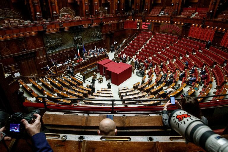 A view of the Chamber of Deputies during the first round of voting for Italy's next president, in Rome, Monday, January 24, 2022.
