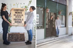 Paula Alvarado, de BAI Cultura Ambiental, junto a la ilustradora Paula Filippelli, amiga de la casa, en Estancia. El póster es de Artículo 41 y se consigue en el local.