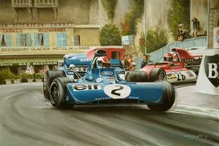 “Persecución en el principado”. Helmut Marko (BRM) no le pierde pisada a Francois Cevert (Tyrrell) en el GP de Mónaco de F1 de 1972. Acrílico sobre tela (70 x 50 centímetros).
