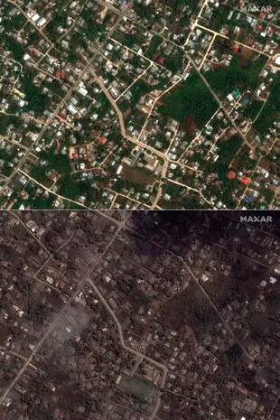 Esta combinación de imágenes satelitales proporcionadas por Maxar Technologies muestra casas y edificios en Tonga el 29 de diciembre de 2021, arriba, y el 18 de enero de 2022. (Imagen satelital ©2022 Maxar Technologies vía AP)