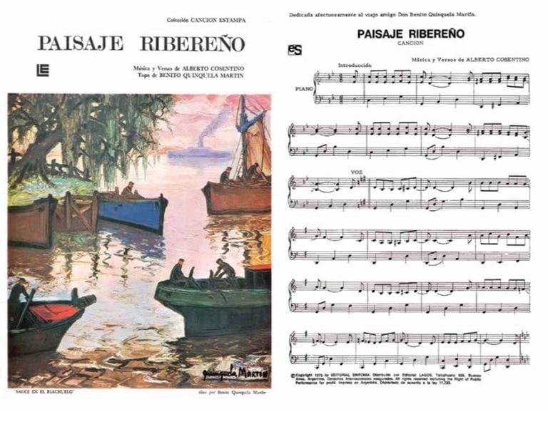 Una página del libro: "Paisaje ribereño", partitura con letra y música de Alberto Cosentino