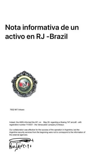 Pesan peringatan yang dikirim oleh intelijen Brasil pada 28 Mei karena kedatangan pesawat Venezuela-Iran