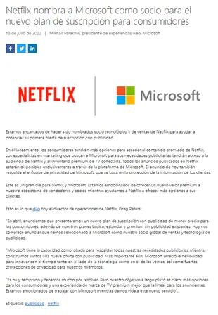 El comunicado de Microsoft sobre su unión con Netflix (Foto: blogs.microsoft.com)