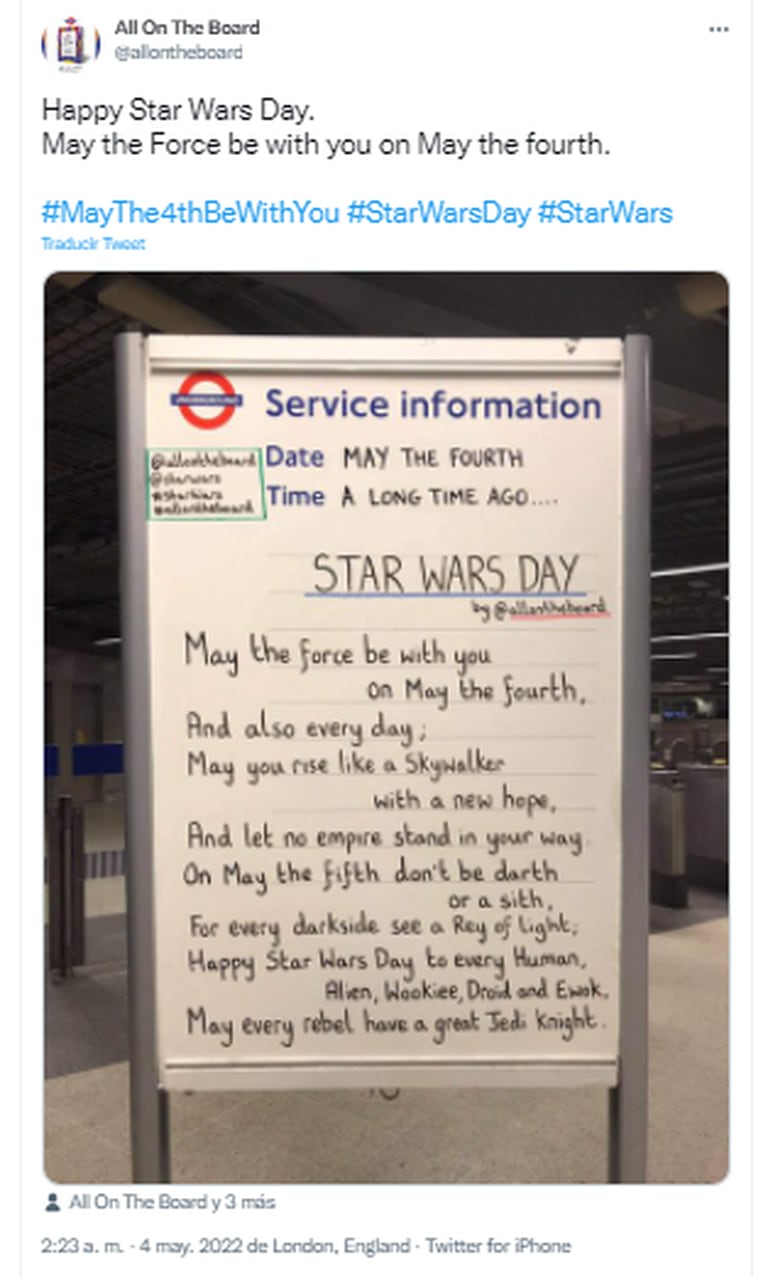 El creativo cartel que el personal del metro de Londres dispuso en las estaciones con ocasión del 4 de mayo (Crédito: Twitter/@allontheboard)