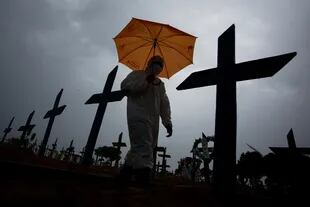 Un trabajador vestido con un traje protector y con un paraguas camina frente a las tumbas de las víctimas del Covid-19 en el cementerio de Nossa Senhora Aparecida, en Manaus, Brasil, el 25 de febrero de 2021
