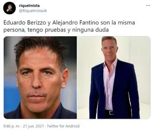 Mientras seguía el partido que la Selección le ganó 1-0 a Paraguay, las redes estallaron por el parecido entre el "Toto" Berizzo y Alejandro Fantino. Fuente: Twitter.