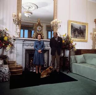 A portrait with his dog 'Tinker', a cross between a corgi and dachshund.  It was in the same room that he was last photographed with the new British Prime Minister, Liz Truss.