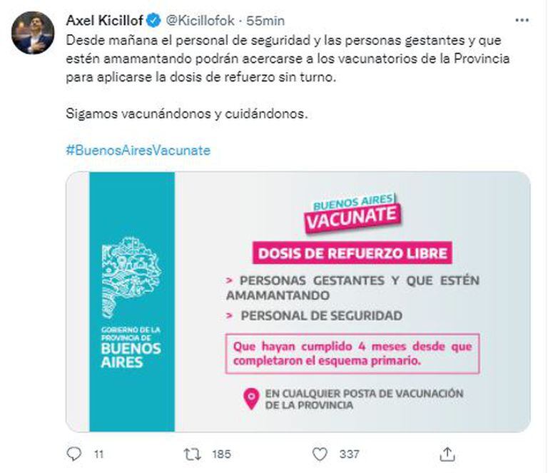Axel Kicillof announced free booster doses for security personnel and pregnant people.