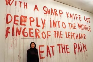 Marina Abramovic, frente a una pared con sangre de cerdo, en el museo de arte moderno de Hannover