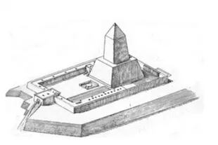 Un dibujo que representa la fisonomía que tenían los templos solares como el que se habría hallado recientemente en el sitio arqueológico de Abusir, en la región de Menfis, Egipto