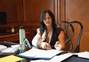 La secretaria de Legal y Técnica, Vilma Ibarra, trabaja con yeso en la Casa Rosada