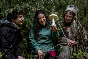 La ambientalista Giuliana Furci, con los hermanos Merlin y Cosmo Sheldrake, durante el viaje al Parque Nacional Alerce Costero