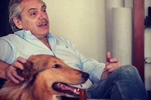 Alberto Fernández junto a su perro, Dylan, quien reside en la Quinta de Olivos junto a sus chachorros