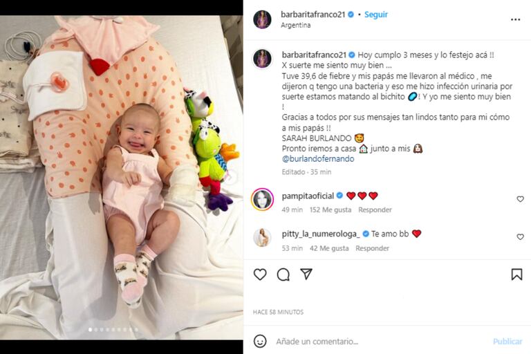 El emotivo posteo desde la clínica que compartió Barby Franco en el cumple mes de su hija