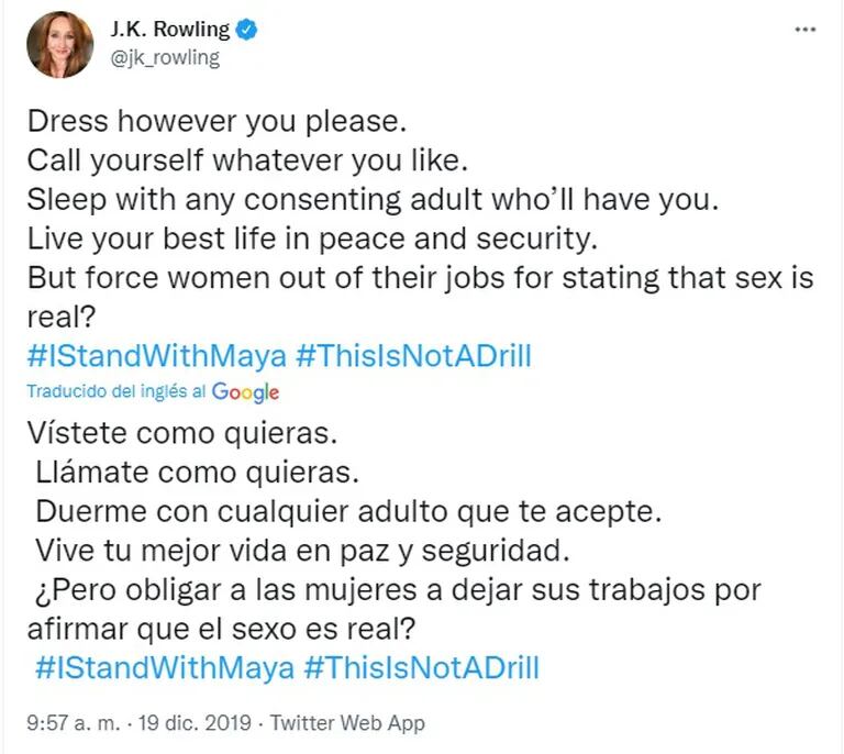 El tuit de J.K. Rowling que desató el escándalo (Foto: Twitter)