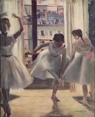 "Tres bailarinas en una sala de ensayo", Degas (1880).