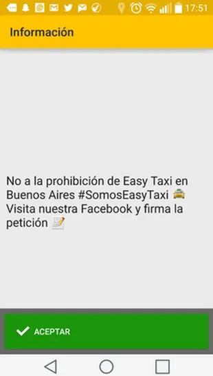 La notificación enviada por Easy Taxi a los usuarios de la aplicación móvil