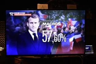 Questa foto scattata a Parigi il 24 aprile 2022 mostra uno schermo televisivo che mostra il risultato delle elezioni presidenziali francesi per il presidente e candidato del partito La Republic en Marche (LREM), Emmanuel Macron.