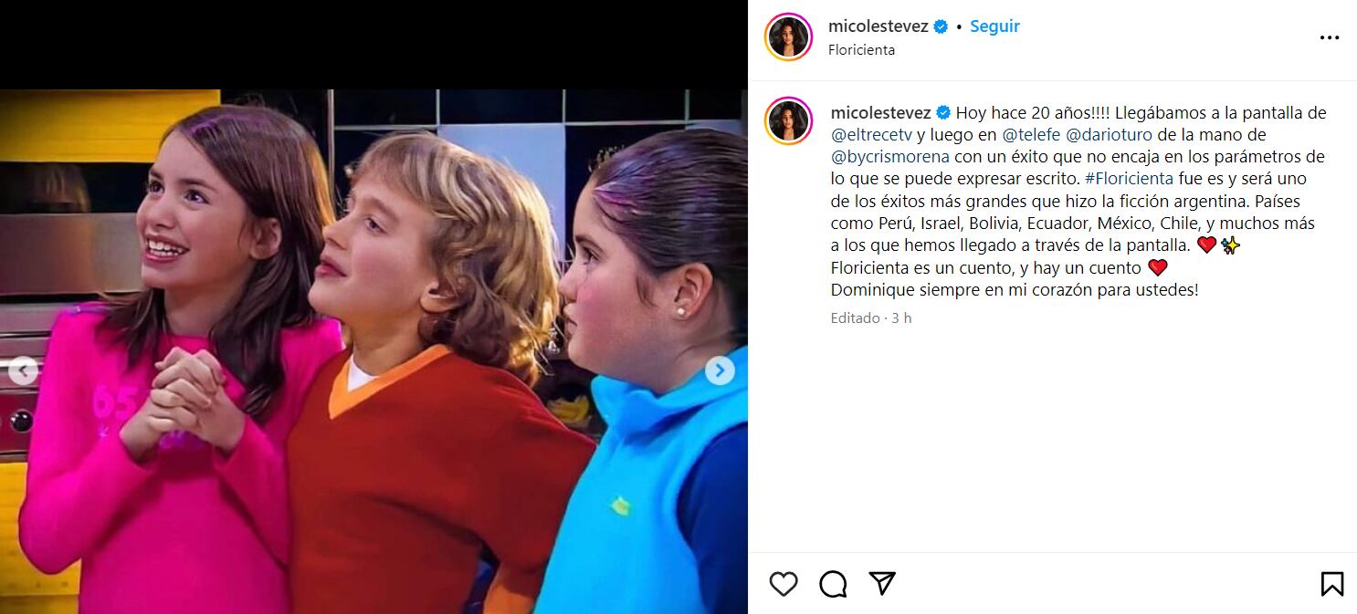 El sentido mensaje de Micol por los 20 años del estreno de Floricienta (Foto: captura Instagram)