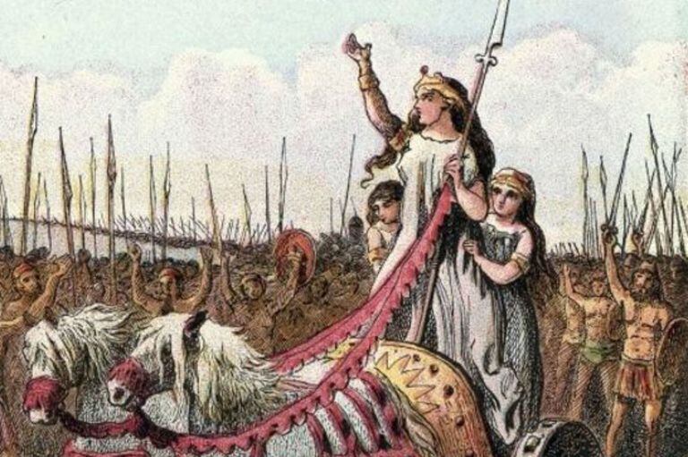 Boudica retratada como una guerrera temible, cabalgando en su carro a la cabeza de su ejército, en este antiguo grabado