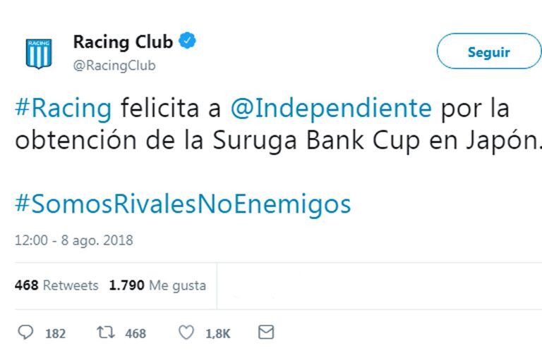 "Somos rivales, no enemigos", el mensaje de Racing felicitando a Independiente
