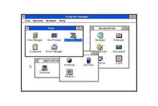 Una computadora con Windows 3.1 recién arrancado. La metáfora de Escritorio todavía estaba por venir, aunque ya existía en la Mac desde 1984