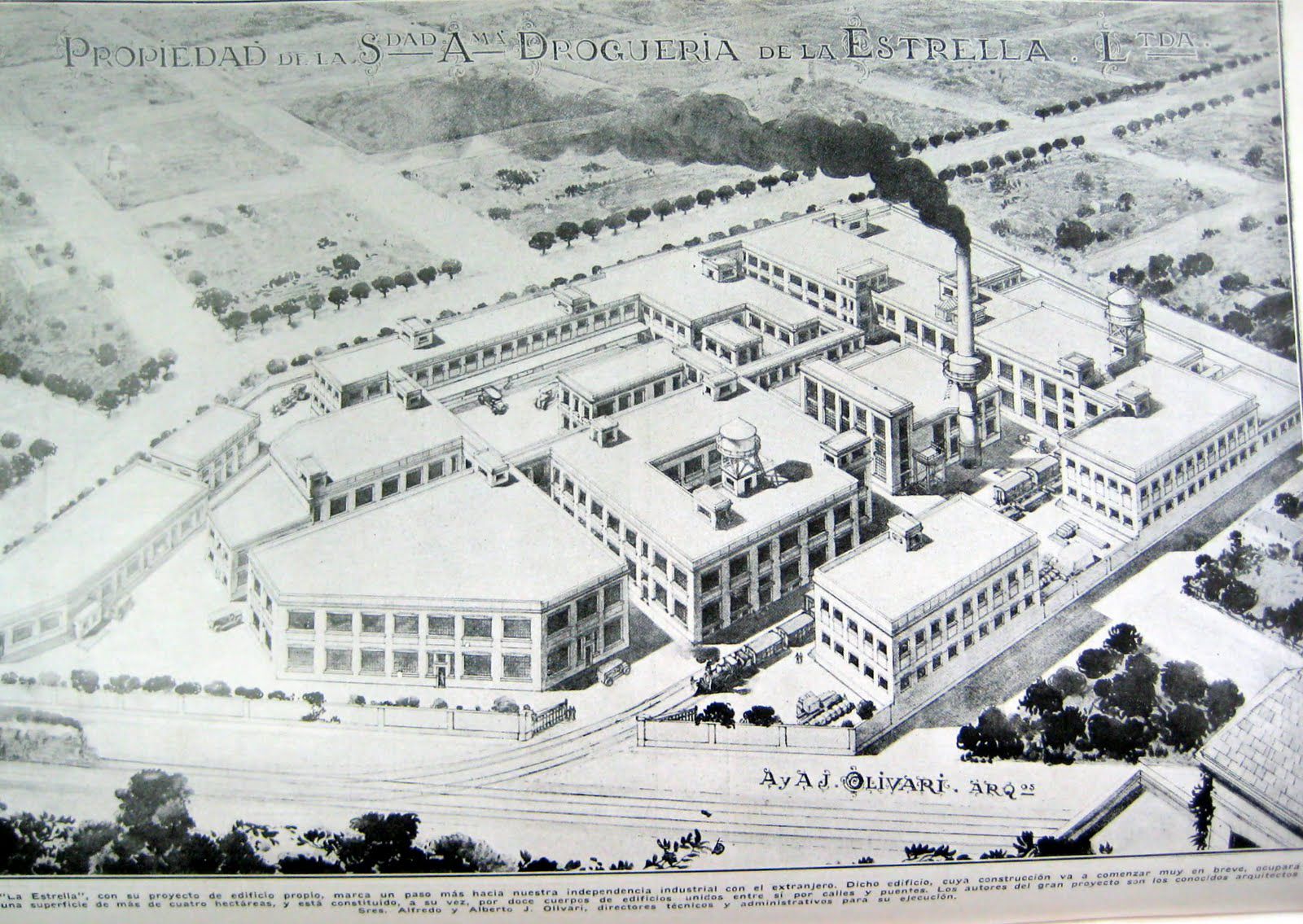 Dibujo de la planta de Química Estrella, a poco de ser inaugurada en 1928.