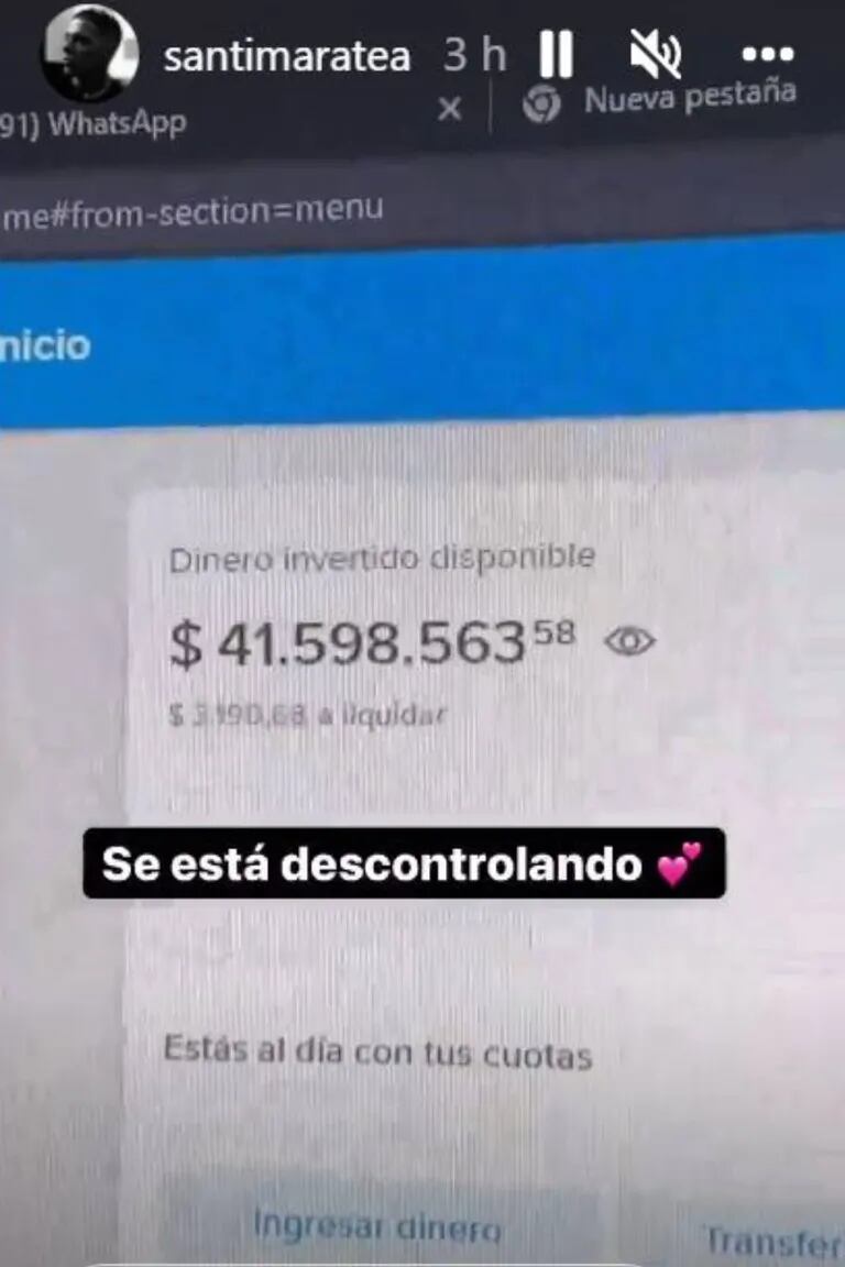 Santi Maratea mostró en sus historias de Instagram que, alrededor de las 16.30, llevaba recaudados más de 41 millones y medio de pesos para los bomberos que combaten el fuego en Corrientes