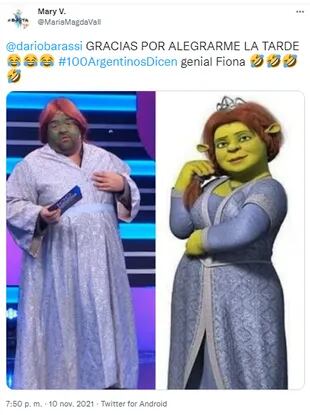 Los memes por el disfraz de Fiona de Darío Barassi en 100 argentinos dicen (eltrece) (Crédito: Twitter)