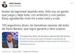 Darío Barassi agradeció a LA NACION por una nota que ponía a su programa entre los más exitosos de la TV
