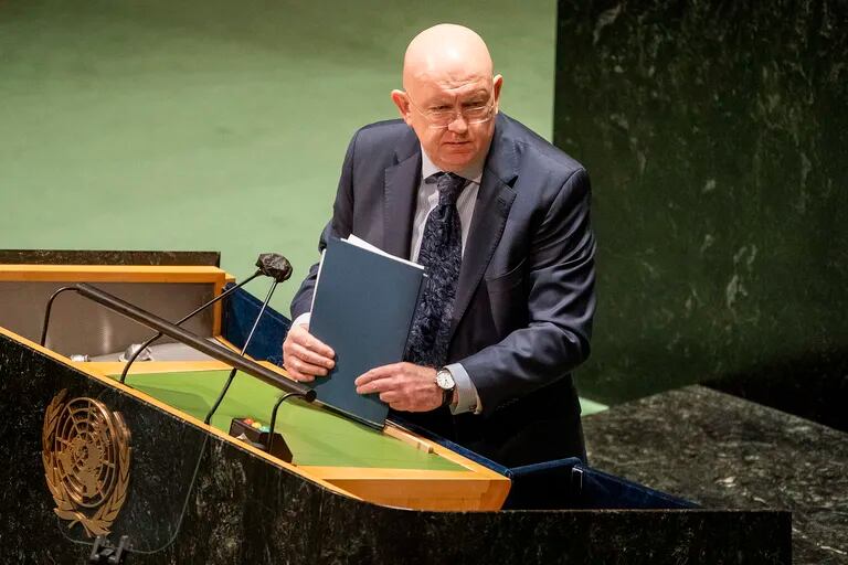 Vasily Nebenzya, Permanent Representative of Russia to the United Nations, leaves the podium after speaking during an emergency meeting of the UN General Assembly, Monday, Feb. 28, 2022, at United Nations Headquarters.  The UN's two major bodies, the 193-nation General Assembly and the more powerful 15-member Security Council, are holding separate meetings Monday on Russia's invasion of Ukraine, a reflection of widespread international demands for an immediate cease-fire and escalating concern for the plight of millions of Ukrainians caught up in the war.  (AP Photo/John Minchillo)