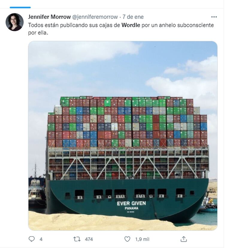 Una imagen de un barco repleto de contenedores que simula un cuadro de Wordle