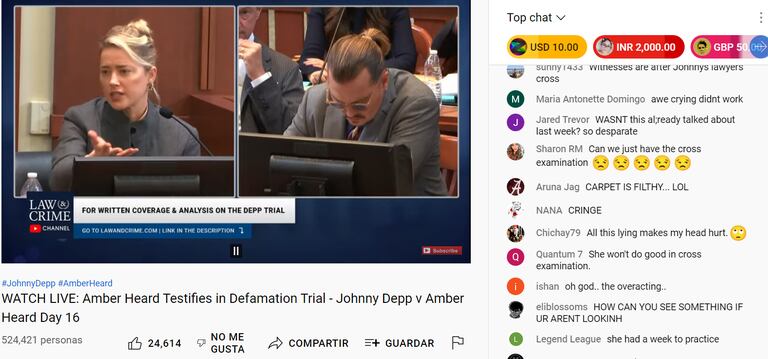 Más de 500.000 personas ven en vivo el juicio entre Amber Heard y Johnny Depp y se registran cientos de comentarios por minuto en el canal de YouTube de Law & Crime
