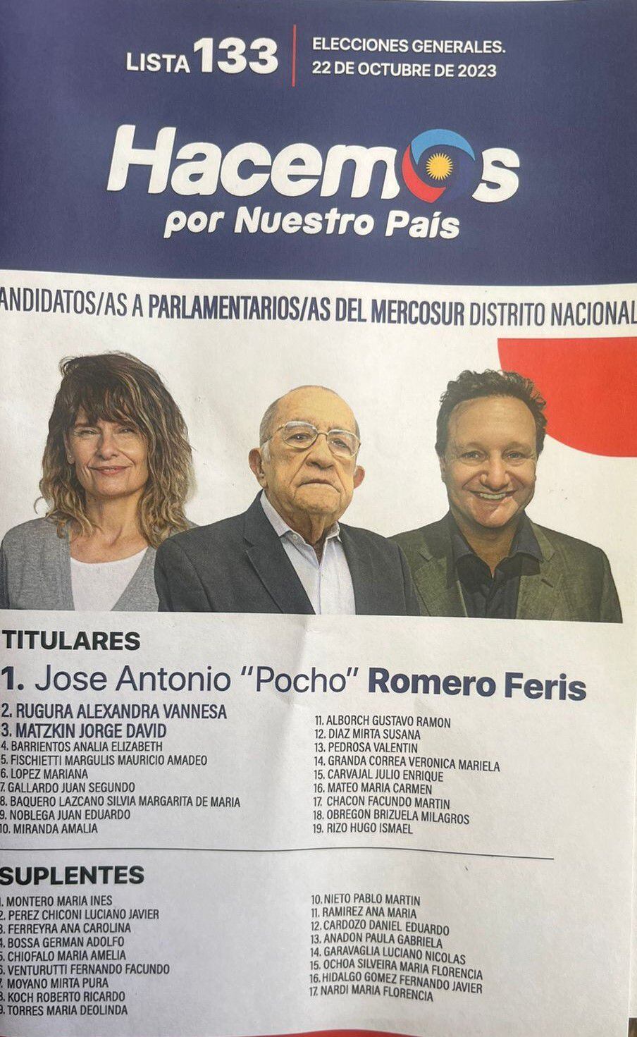 Boleta de legisladores al Parlasur, encabezada por José Romero Feris.