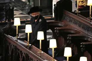 Britain's Queen Elizabeth II at St George's Chapel during the funeral of Prince Philip, the man who stood by her side for 73 years, at Windsor Castle